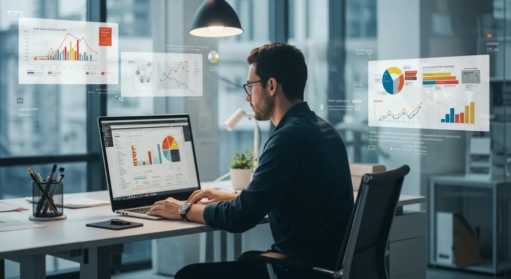 a modern office workspace showcases a web designer intently working on a sleek computer, with vivid infographics on seo strategies displayed on the wall, emphasizing the intersection of affordable web design and local business growth in davie.