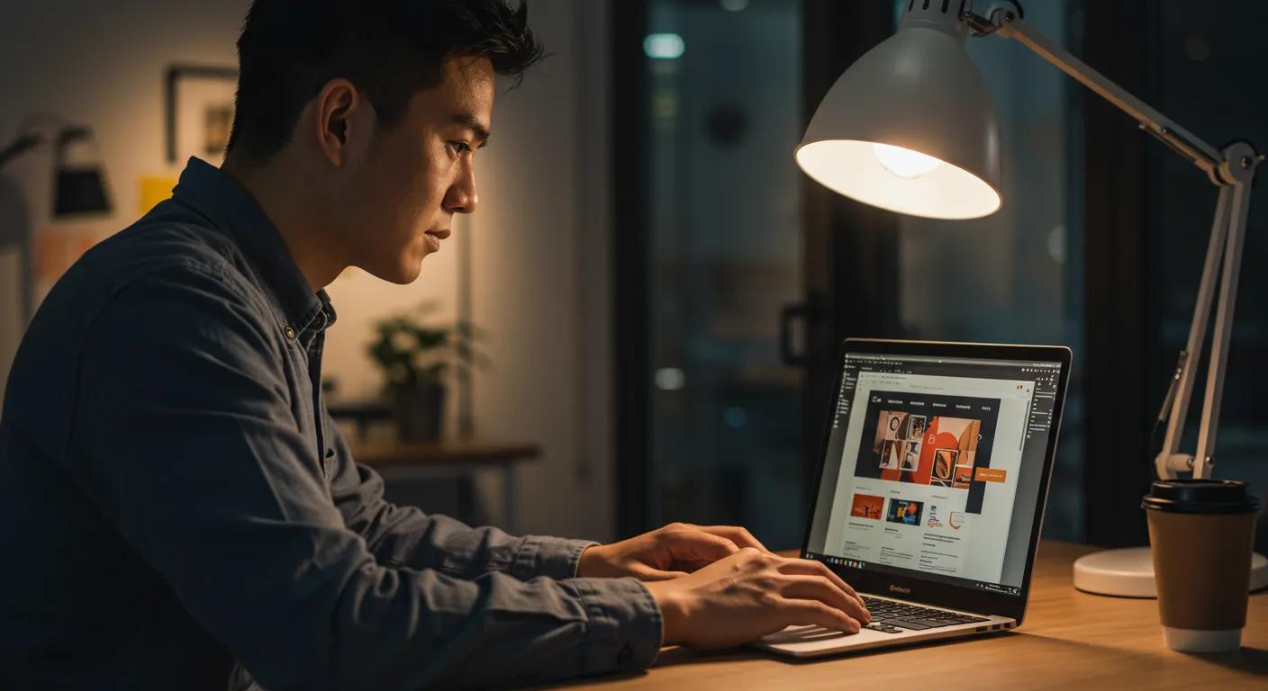 a focused web designer intently examines a sleek laptop screen displaying a vibrant, mobile-optimized website layout in a modern office environment, illuminated by warm, strategic lighting that highlights the elements of effective mobile-first design.