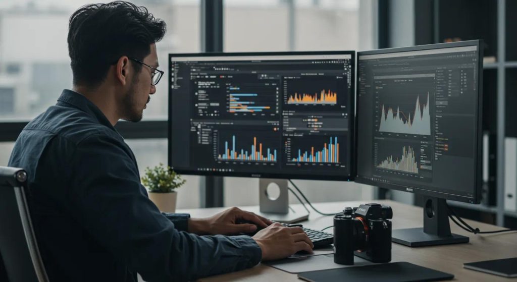 a sleek, modern office workspace features a web designer intently analyzing website analytics on dual monitors, with colorful charts and graphs highlighting seo performance and conversion metrics, echoing the dynamic relationship between ecommerce optimization and digital success.