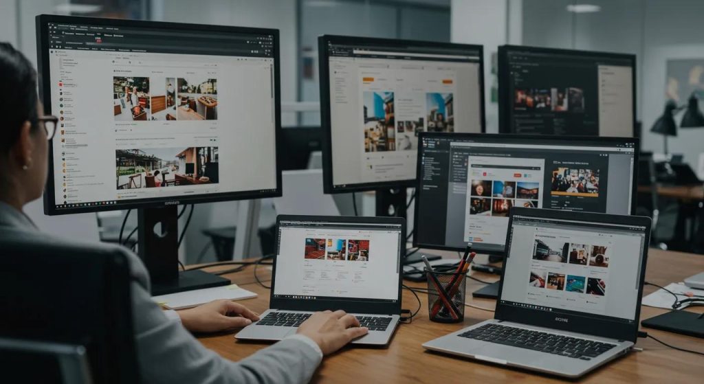 a sleek, modern office workspace, bustling with web designers collaborating over laptops, with large screens displaying vibrant website dashboards and maintenance analytics, capturing the essence of ongoing website support and management.
