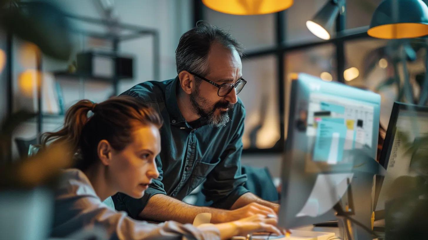 a focused freelance web designer energetically collaborates with a small business owner in a sleek, modern office space, surrounded by digital mockups and design tools, showcasing the dynamic and cost-effective nature of freelance web development.