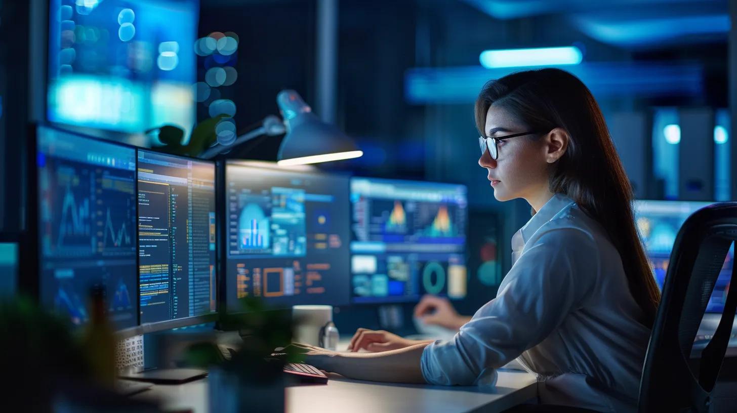 a focused web designer collaborates at a sleek, modern workspace, surrounded by digital mockups and responsive design tools displayed on multiple screens, illustrating the principles of mobile-first web development.