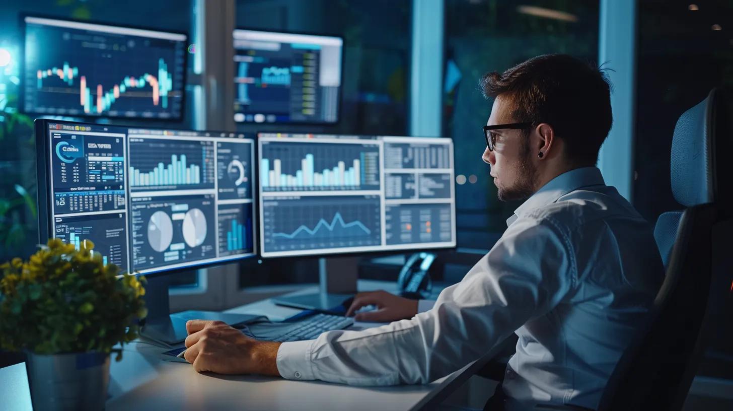 a focused web designer intently working at a sleek, modern desk, surrounded by minimalist digital interfaces on multiple screens displaying optimized website analytics, embodying the principles of performance optimization in web design.