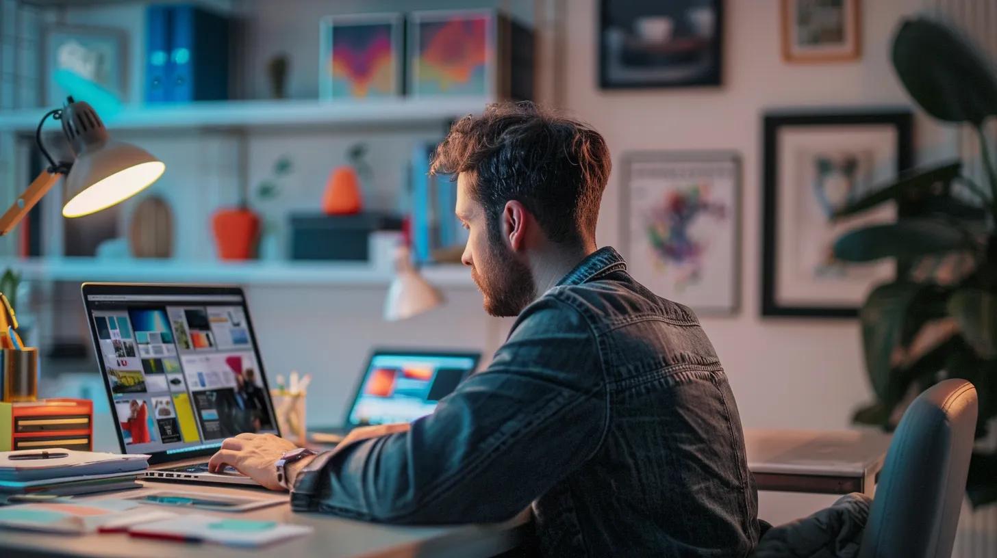a focused freelance web designer intently collaborates on a sleek laptop in a modern, minimalist office, showcasing vibrant website designs on the screen to reflect their technical expertise and creativity.
