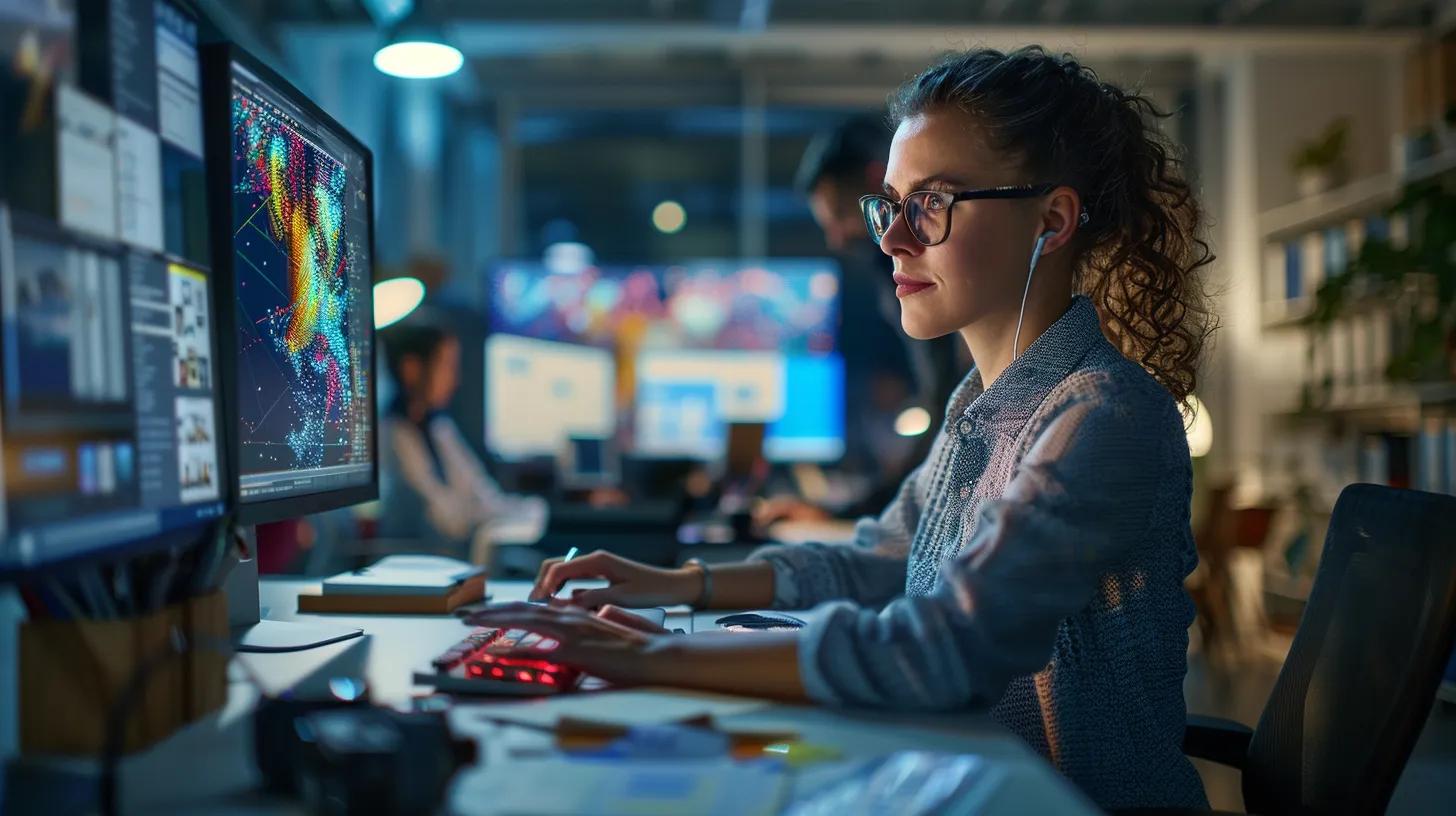 a focused web designer analyzes vibrant interactive animations on a sleek, modern computer screen within a contemporary office space, highlighting the seamless integration of design and functionality.