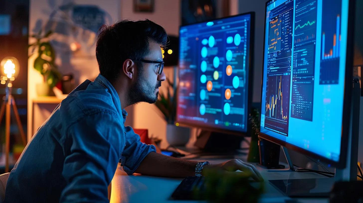 a focused web designer hunches over a sleek workstation, intently refining an interactive website on dual monitors, illuminated by vibrant screens displaying colorful ux/ui elements amid a modern, minimalist office environment.