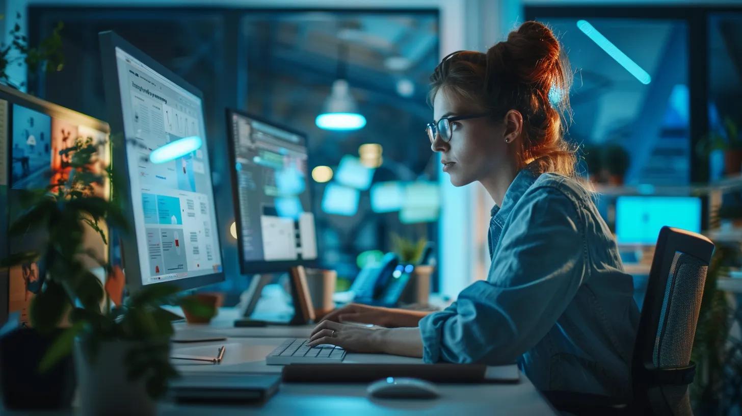 a focused web designer in a modern office, intently reviewing a vibrant digital interface filled with innovative typography styles, ensuring accessibility features are seamlessly integrated to enhance user experience for all.