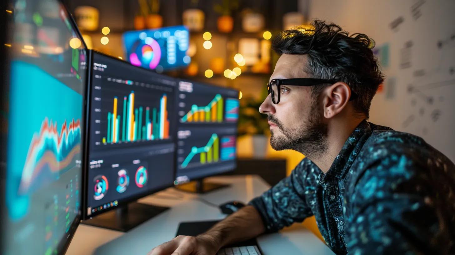 a focused web designer intently analyzing vibrant charts and performance metrics on multiple screens in a modern office, highlighting the importance of mobile-first design for business impact.