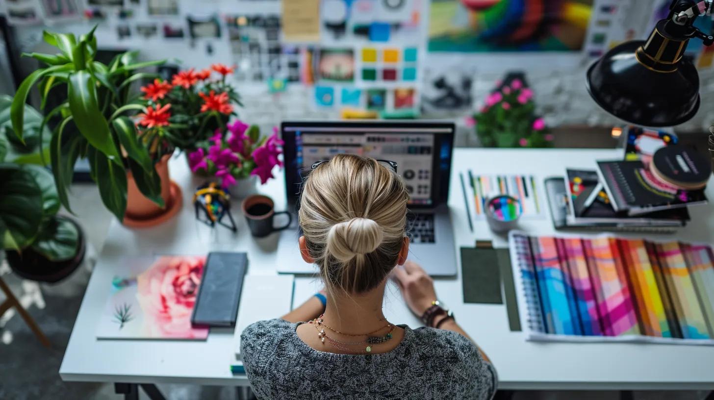 a focused web designer meticulously pairs vibrant custom fonts on a sleek laptop screen, surrounded by an organized office space filled with design tools, color swatches, and typography references, highlighting the art of web typography.