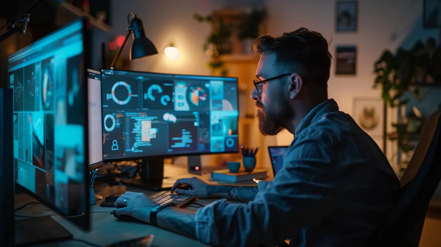 a focused web designer works intently at a sleek, modern office desk, surrounded by minimalist digital mockups showcasing neumorphism and glassmorphism designs on dual monitors, with ambient lighting enhancing the clean lines and functionality of an evolving workspace.