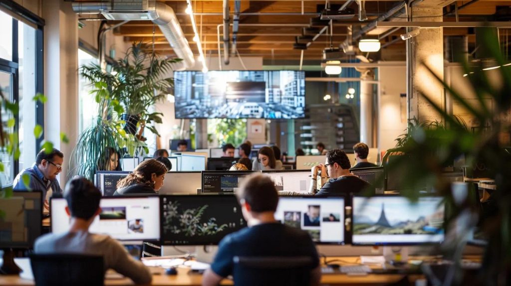 a modern office space bustling with a team of web designers engaged in dynamic brainstorming sessions, surrounded by large screens displaying locally-inspired website designs tailored for the davie market.