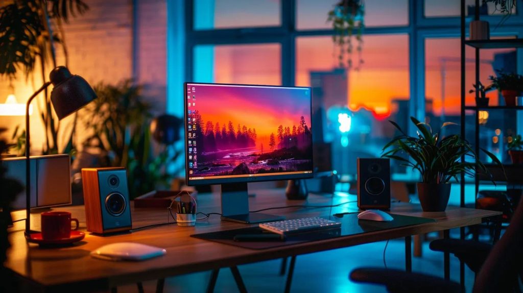 a modern office space features a sleek workstation with a vibrant computer screen displaying a visually engaging, seo-optimized website design, illuminated by dynamic ambient lighting that emphasizes the integration of technical elements and user-friendly layout.
