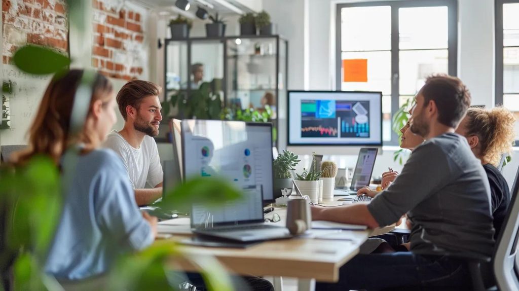 a modern office space showcases a collaborative atmosphere with web designers engaged in a brainstorming session, surrounded by digital screens displaying vibrant mockups of local business websites, conveying the essence of affordable and professional web design solutions in davie.