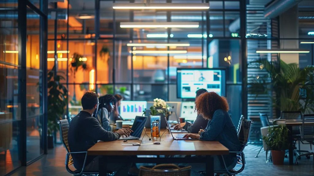 a modern office space with a sleek conference table surrounded by diverse web designers discussing responsive design solutions, illuminated by bright overhead lights and showcasing laptops open to vibrant website mockups.