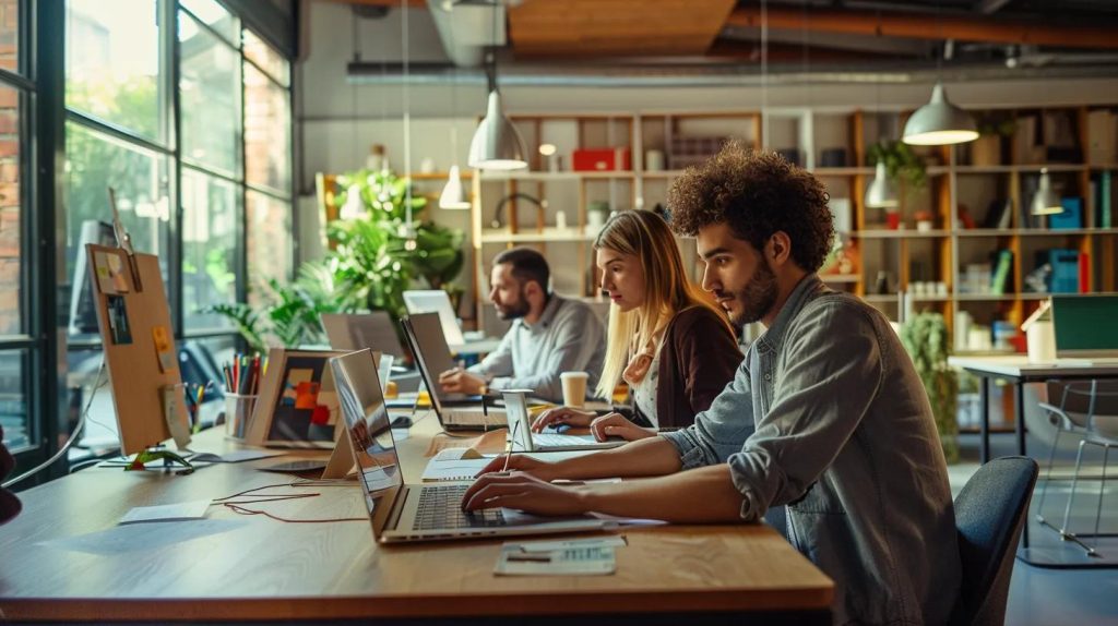 a polished office workspace showcases a team of professional web designers collaborating over sleek laptops, surrounded by vibrant digital mockups, emphasizing the importance of seo-friendly web design for local business success.
