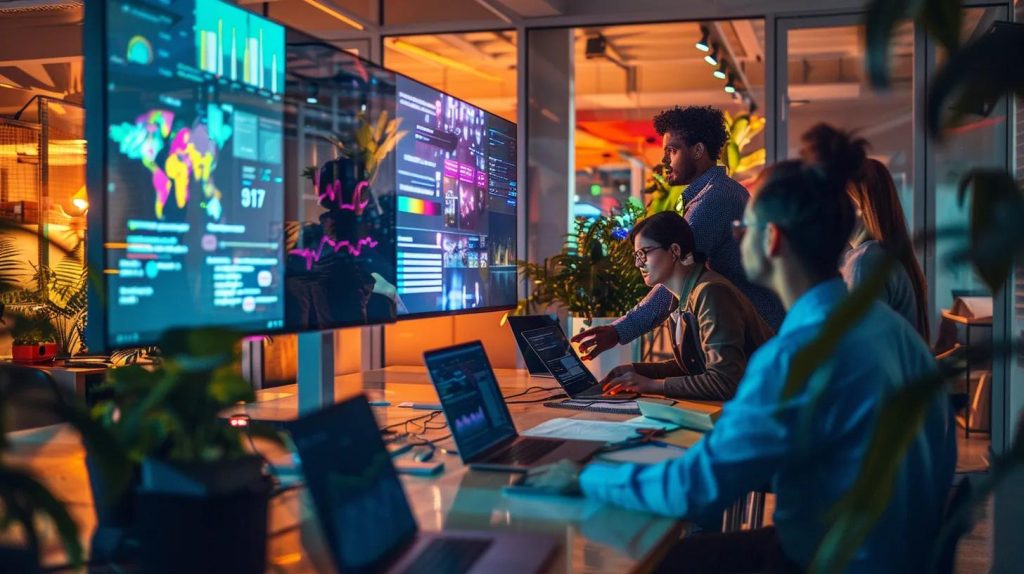 a sleek, modern office space features a diverse team of web designers collaborating around a large digital display, evaluating various ecommerce platforms to enhance the online presence of local davie businesses.