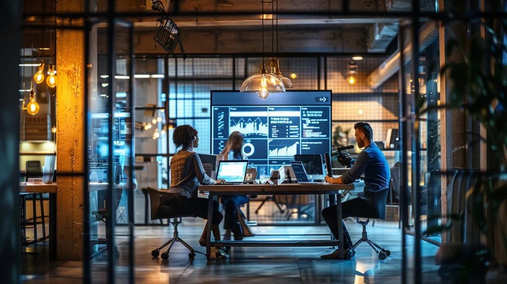 a sleek, modern office space showcases a team of web designers collaborating over a digital monitor displaying advanced ecommerce security metrics, emphasizing the intersection of technology and business performance.