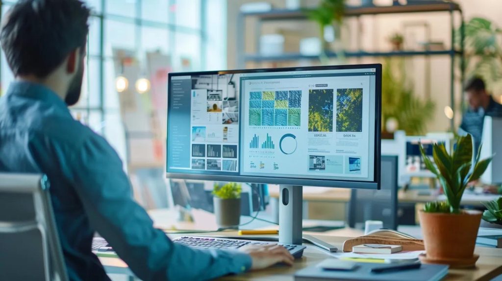 a sleek office space featuring a large computer screen displaying a vibrant, mobile-responsive website being designed, with web designers intently collaborating at a contemporary workstation, emphasizing the importance of seo and performance for local businesses.