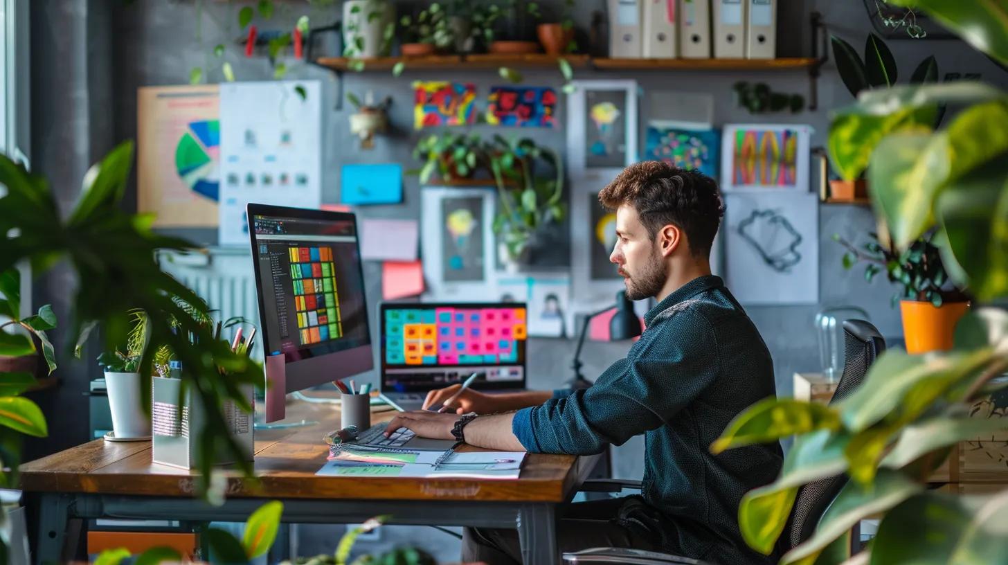 a vibrant and modern office space showcases a focused web designer at a sleek desk, surrounded by colorful design sketches and digital mockups, illustrating the dynamic process of creating a customized website that embodies a brand's unique identity.