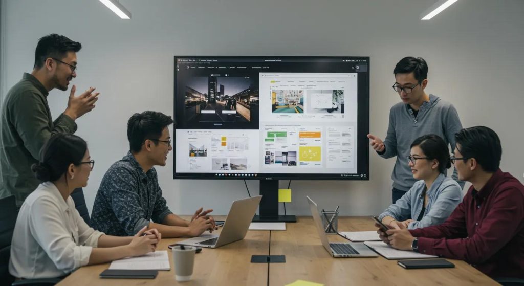 a modern office setting featuring a diverse group of professionals engaged in a dynamic discussion around a large screen displaying compelling web design portfolios and project timelines, highlighting the importance of collaboration and transparency in choosing a web design company.