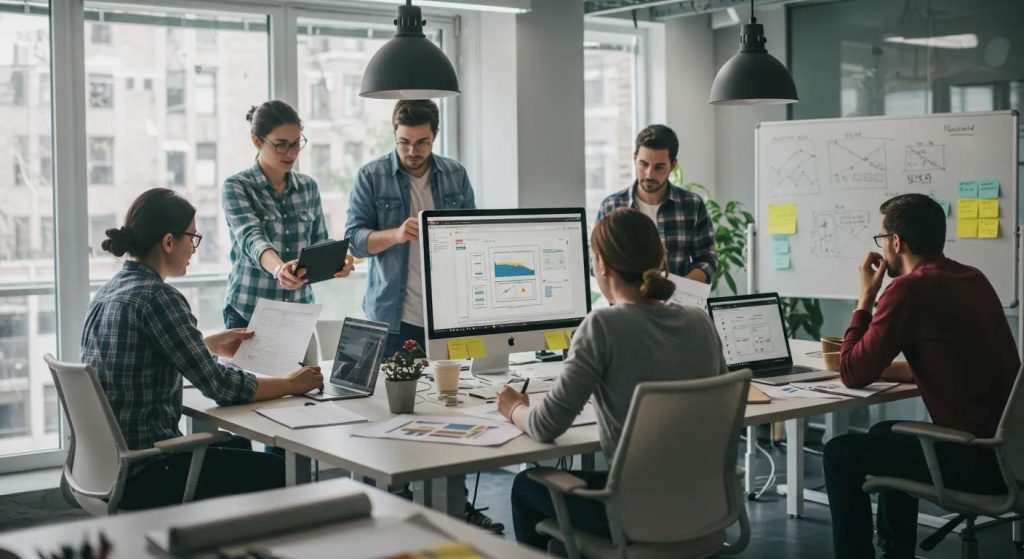 a bustling modern office space showcases diverse web designers collaborating over sophisticated project sketches and digital mockups, emphasizing the intricate and customized nature of web design services for local businesses.