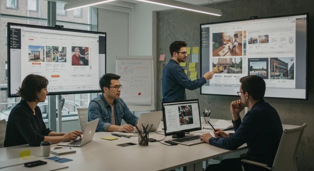 a sleek, modern office workspace showcases a collaborative team of web designers engaged in a dynamic brainstorming session, with vibrant digital mockups of responsive websites displayed on large screens, emphasizing innovation and tailored design solutions for local businesses.