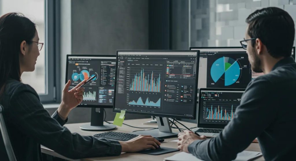 a modern office environment showcases web designers collaborating over sleek monitors, analyzing off-page seo strategies like link building and social media engagement displayed on digital charts and graphs, emphasizing the impact of these practices on enhancing online authority and presence.