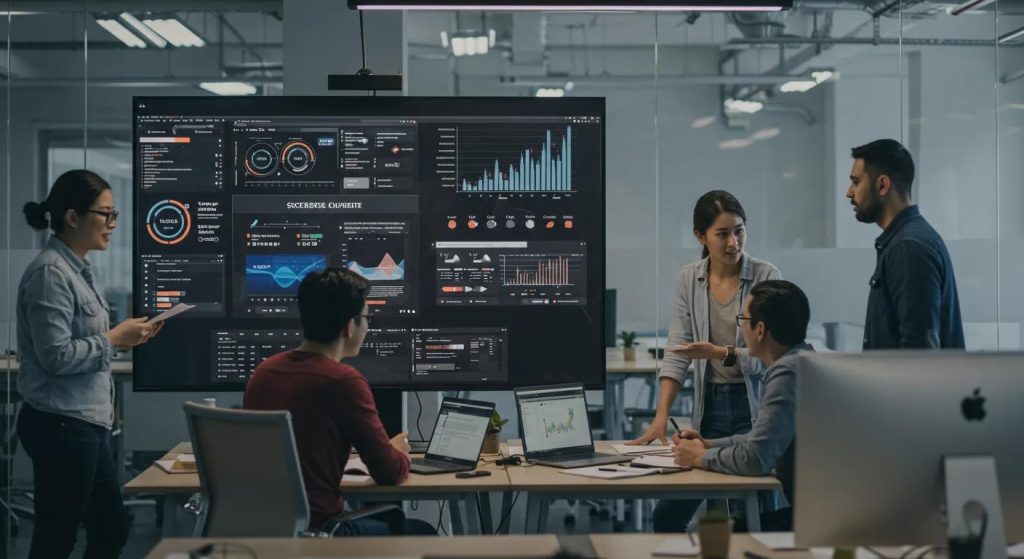 a dynamic office environment featuring a group of engaged web designers collaborating over a large digital display showcasing successful custom website case studies, with an emphasis on vibrant graphs and interactive elements illustrating online growth metrics.