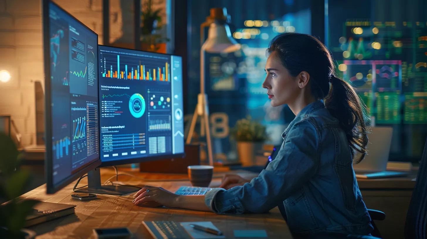 a focused web designer engages with an interactive data visualization on a sleek computer screen, surrounded by an inspiring urban workspace filled with dynamic charts and colorful infographics that highlight the fusion of creativity and technology.