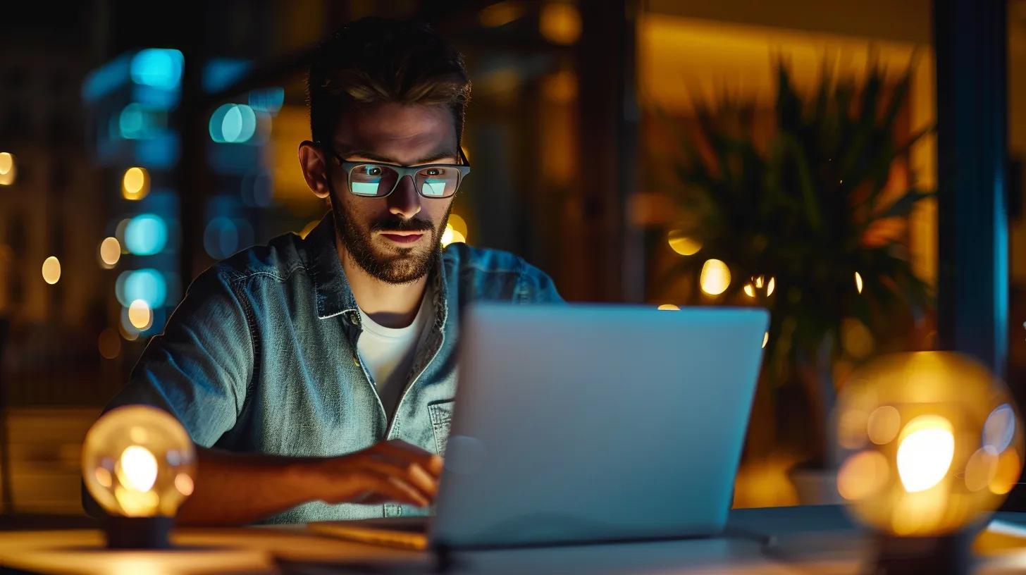 a focused web designer meticulously creating a sleek, minimalist website interface on a modern laptop in a sophisticated urban office, illuminated by the soft glow of ambient lighting.