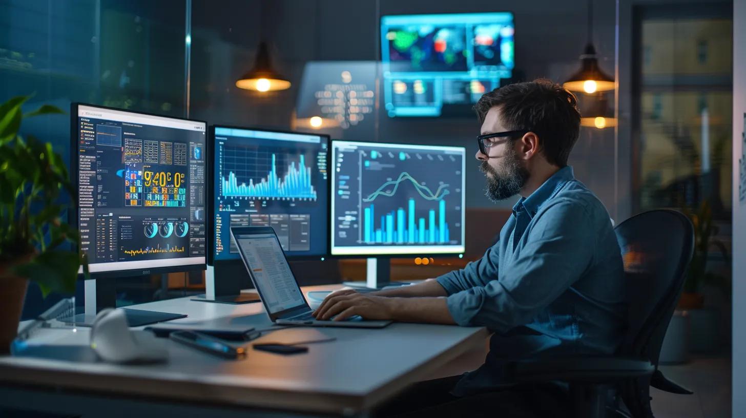 a focused web designer is intently analyzing vibrant data analytics on multiple screens in a modern office, surrounded by a sleek, minimalist workspace that embodies the intersection of creativity and technology.