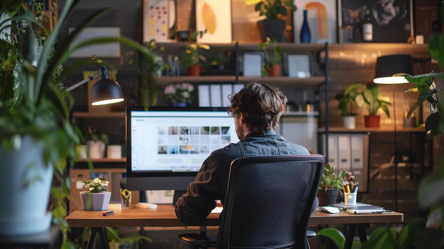 a focused web designer at a sleek, modern desk intently crafts a minimalist website on a high-resolution monitor, surrounded by streamlined office tools that enhance the theme of clarity and efficiency.