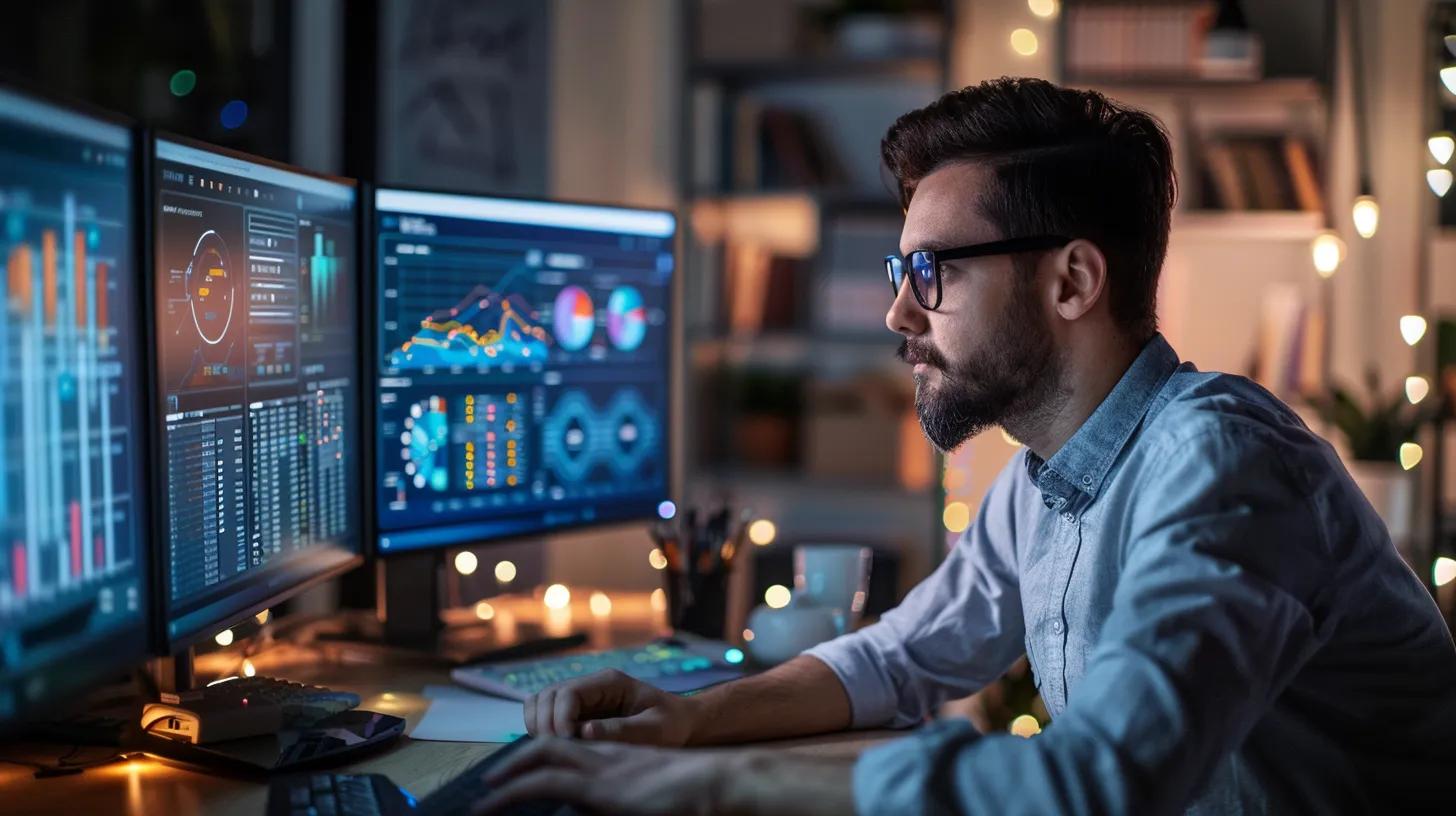 a focused web designer analyzes vibrant data visualizations and user insights on dual monitors in a sleek, modern office, illustrating the impact of data-driven decision-making in crafting effective websites.