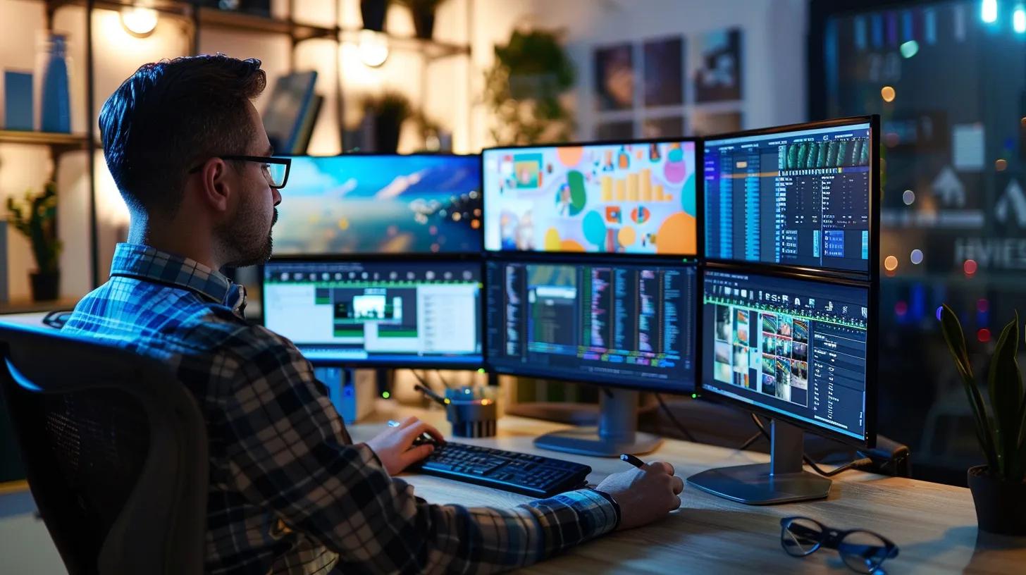 a focused web designer works intently at a sleek modern workstation, surrounded by multiple monitors displaying vibrant, responsive website designs that adapt across various device screens, emphasizing cutting-edge techniques for 2023.