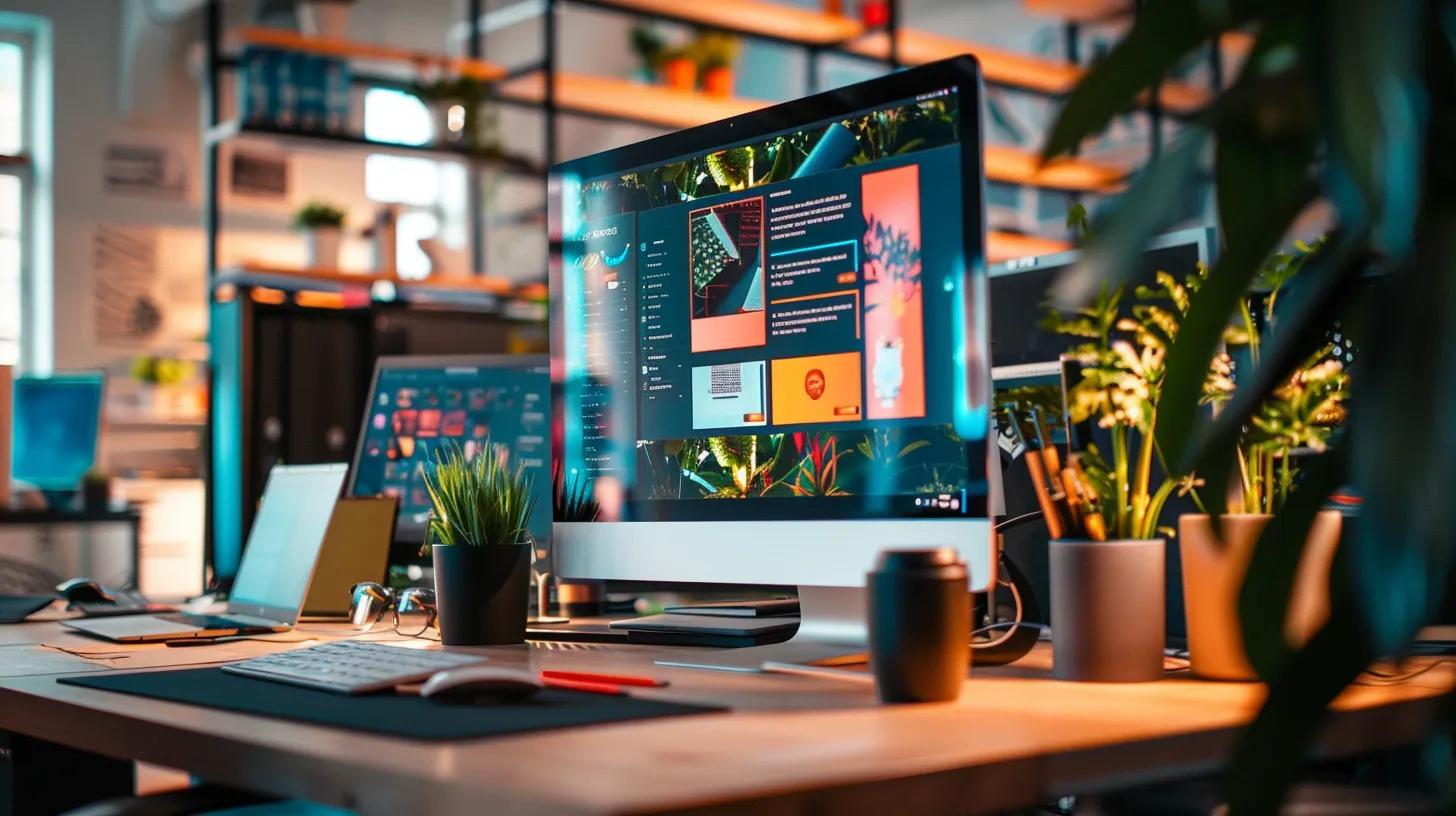 a vibrant office workspace showcases a web designer intently crafting a visually engaging website, featuring bold, innovative typography that exemplifies brand identity and captivates user engagement on a sleek computer screen.